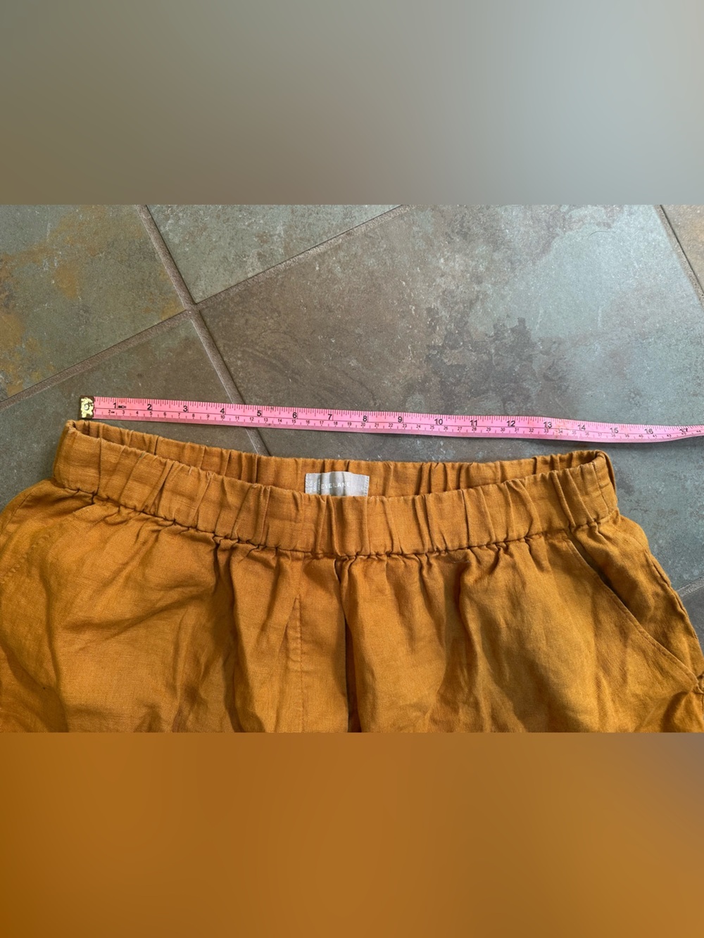 Everlane 100% Linen Shorts Womens Large Elastic Tan Rust Burnt Orange Pull On - Picture 8 of 8